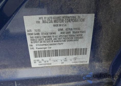 2006 Mazda Mazda6 I Sport z USA, uszkodzony, nr VIN 1YVHP80C565M17577